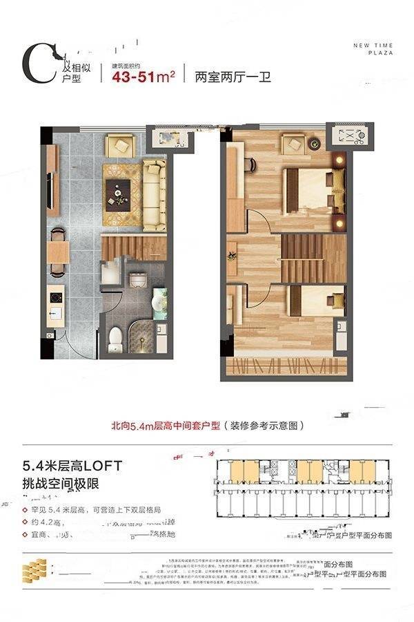 九州新时代2室2厅1卫43㎡户型图