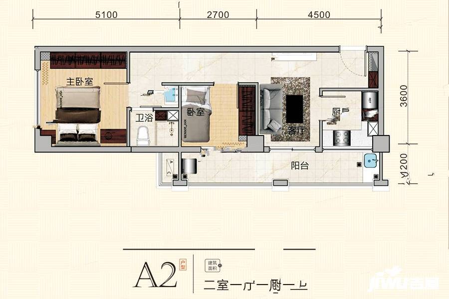 天泽湖景庄园2室1厅1卫66.4㎡户型图