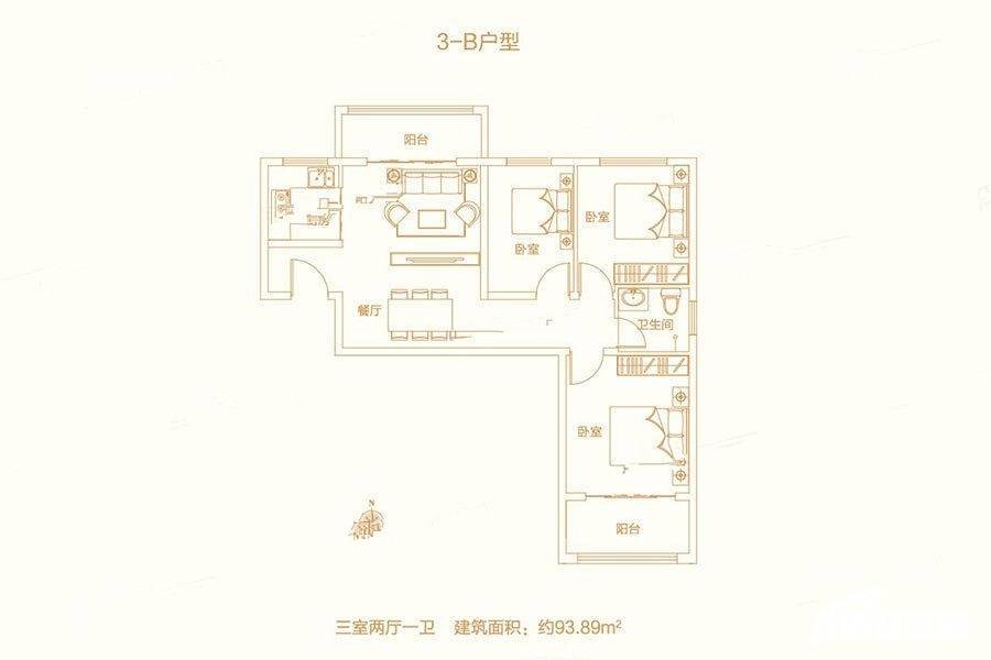 龙潭国际3室2厅1卫93.9㎡户型图