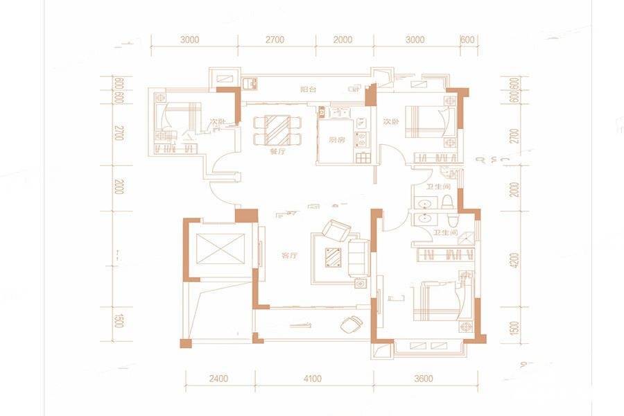 平安锦城3室2厅2卫122.6㎡户型图