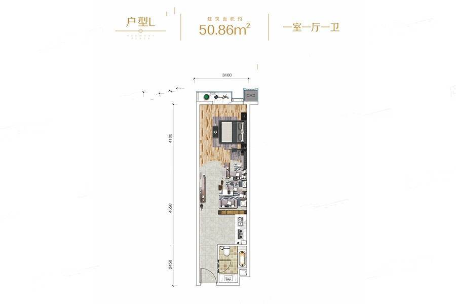 和谐广场1室1厅1卫50.9㎡户型图