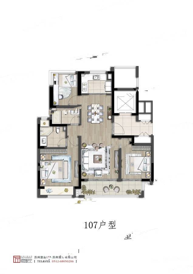 首开棠前如苑3室2厅2卫107㎡户型图