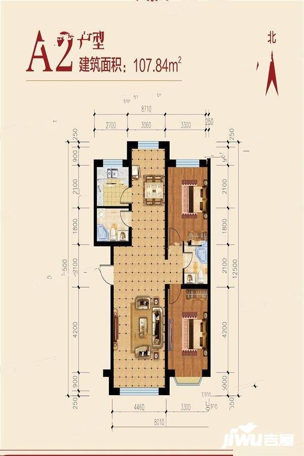 东河世纪城二期2室2厅2卫107.8㎡户型图