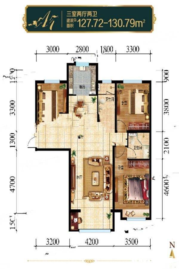 澜湖璞园3室2厅2卫128㎡户型图