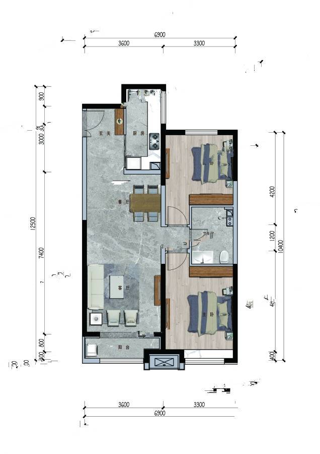 中国铁建景晟学府2室2厅1卫96㎡户型图