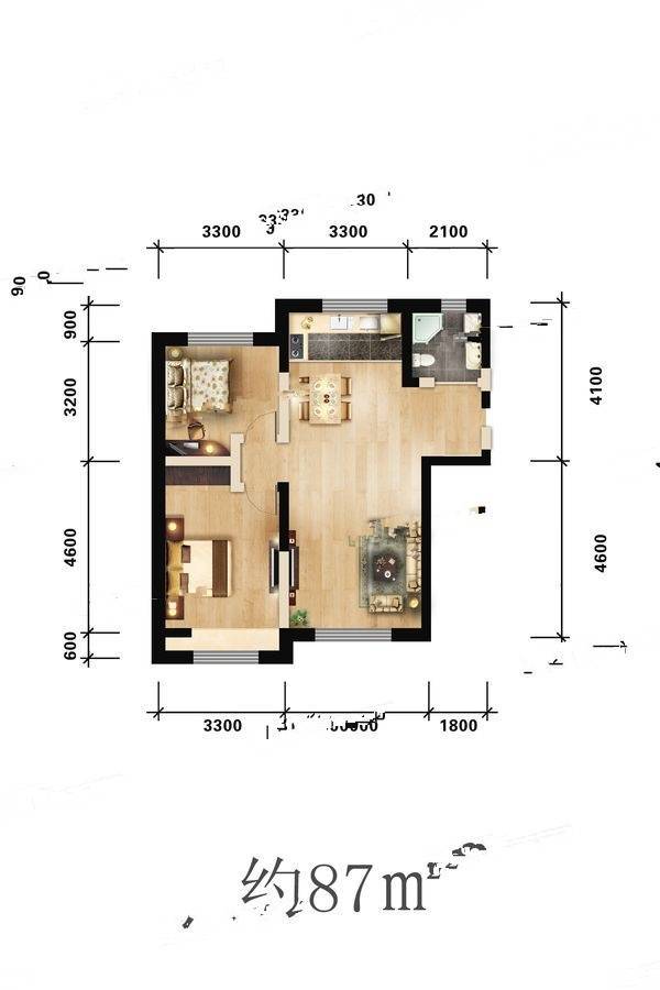 公园道一号2室2厅1卫87㎡户型图