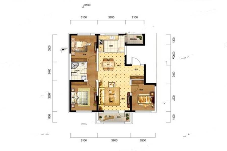 筑石松花江新城3室2厅1卫107㎡户型图