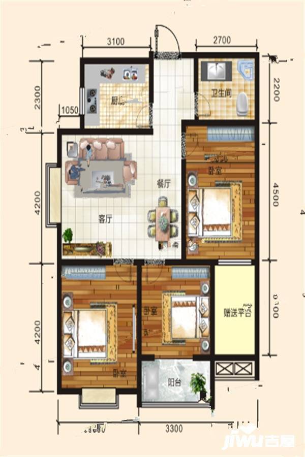 成国右岸3室2厅1卫108.9㎡户型图