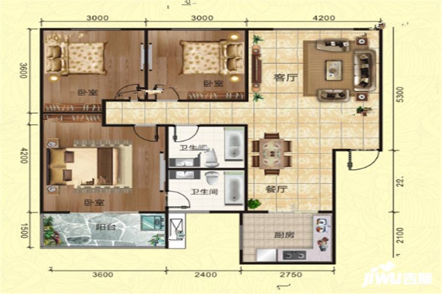 成国右岸3室2厅2卫115.4㎡户型图