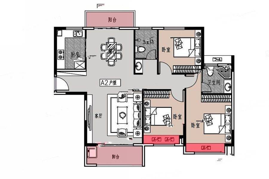 峰景1号三期中山府3室2厅2卫123.6㎡户型图