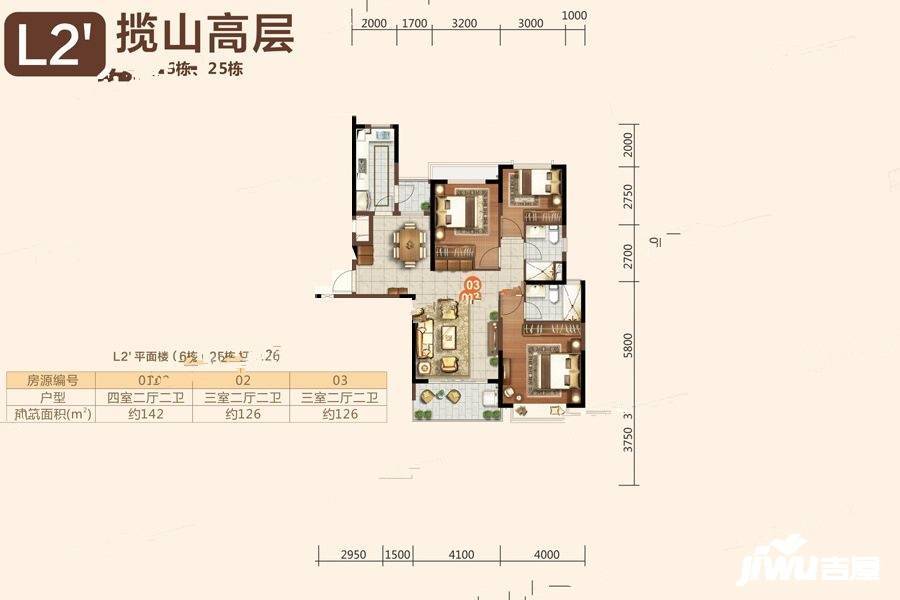 长沙恒大文化旅游城（别墅）3室2厅2卫126㎡户型图