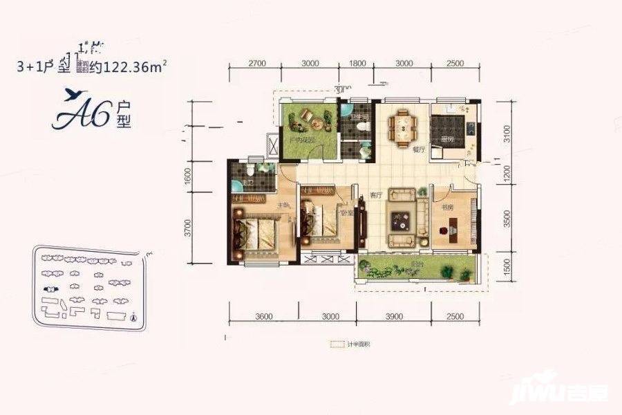 通号岭绣苑3室2厅2卫122.4㎡户型图