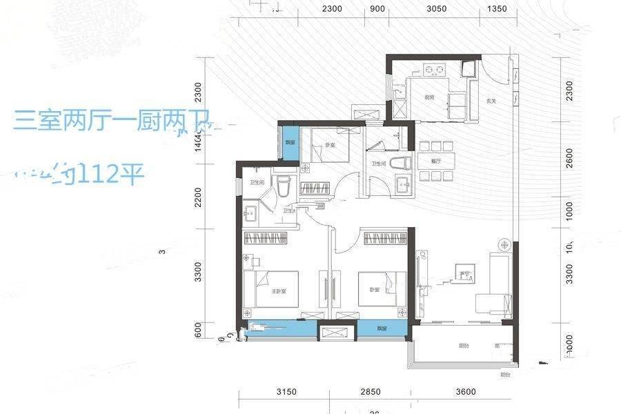 时代年华3室2厅2卫112㎡户型图