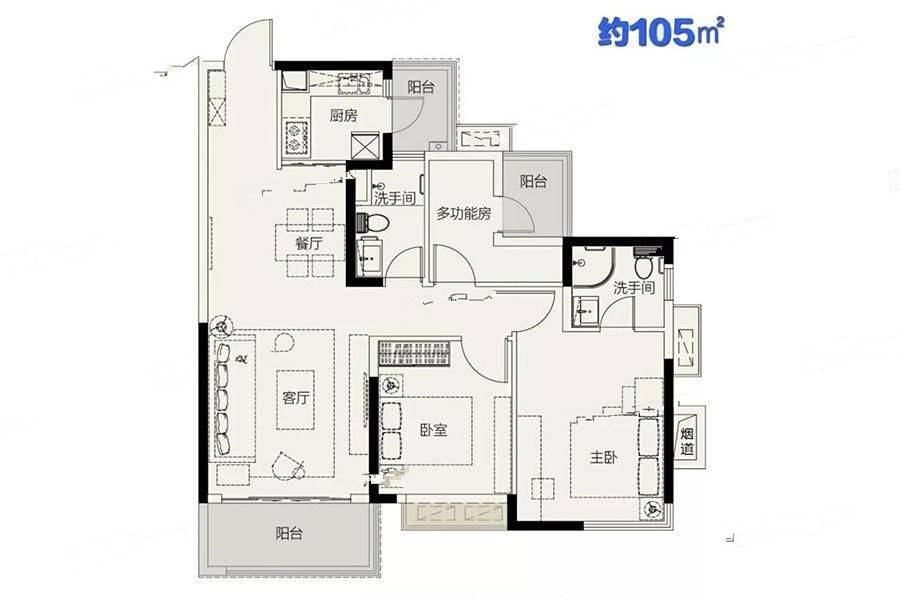 保利香槟国际3室2厅2卫105㎡户型图