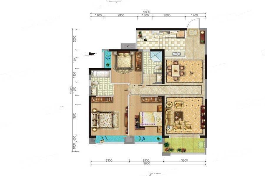 宁乡美的城3室2厅2卫127㎡户型图