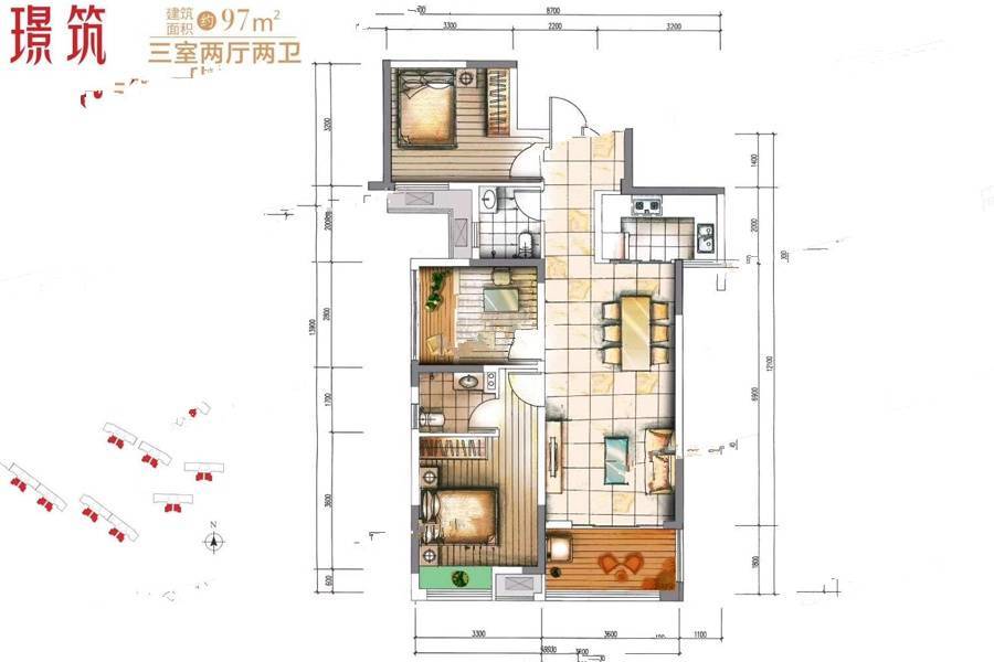 中粮鸿云3室2厅2卫97㎡户型图