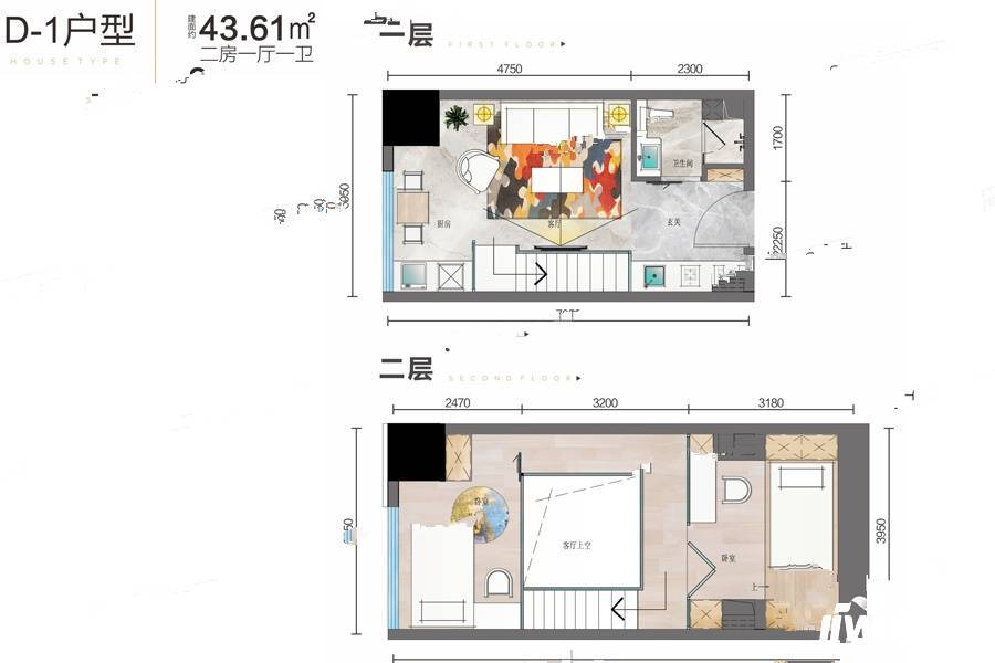 富兴世界金融中心2室1厅1卫43.6㎡户型图