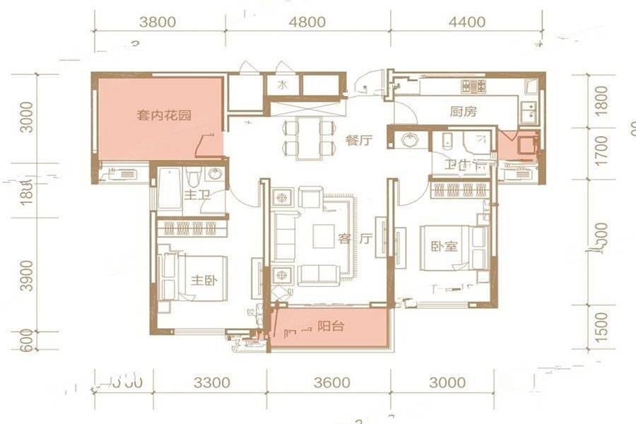 北大资源理想家园2室2厅2卫96㎡户型图