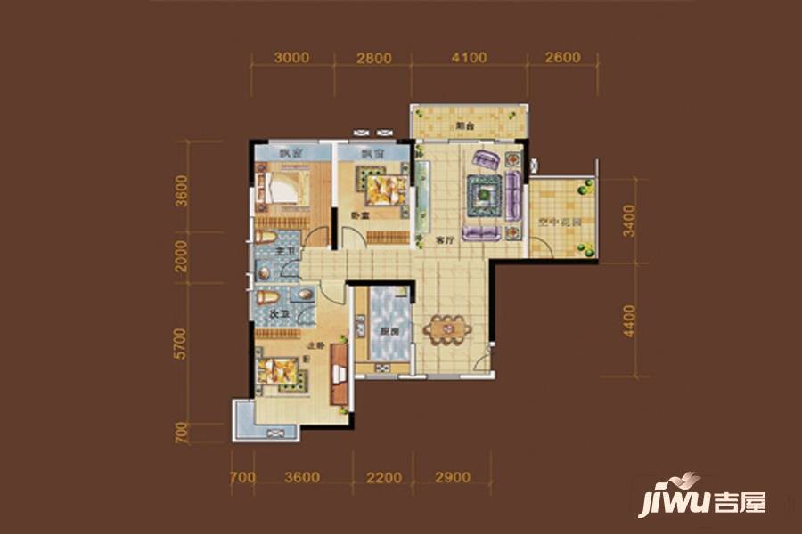 中鼎江岸花城3室2厅2卫128.6㎡户型图