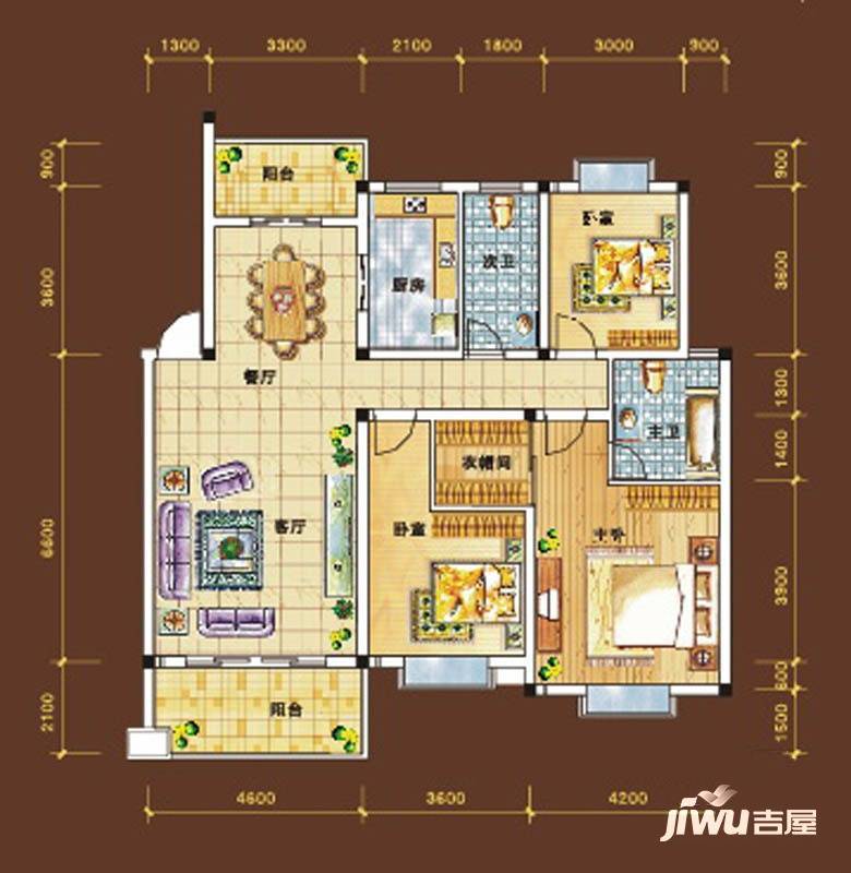 中鼎江岸花城3室2厅2卫138.8㎡户型图