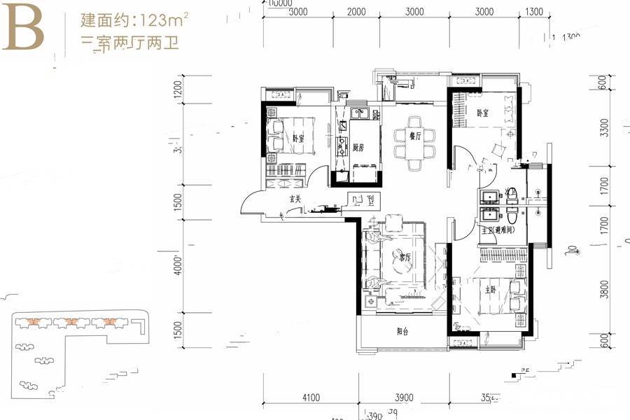 金地中交麓谷香颂3室2厅2卫123㎡户型图