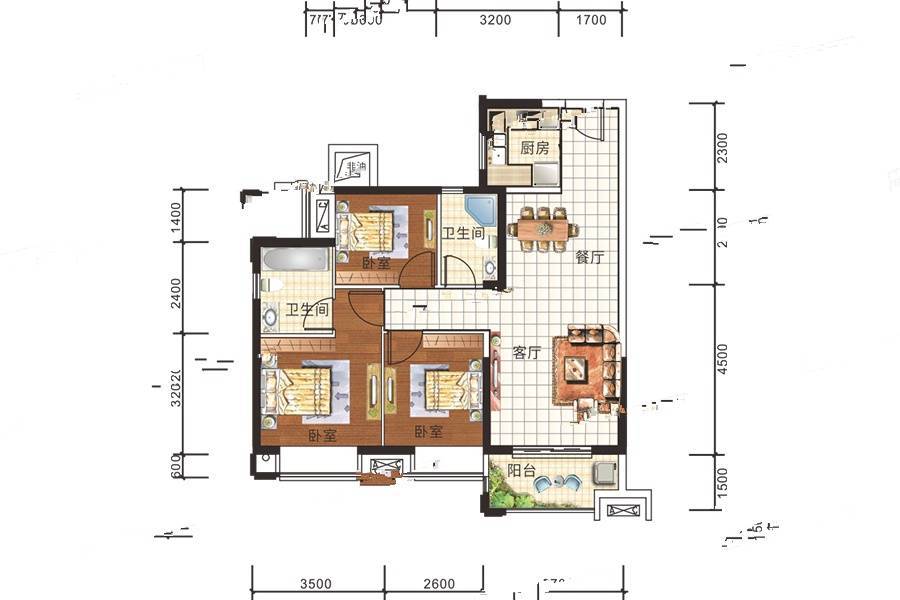 雅居乐新地3室2厅2卫94㎡户型图