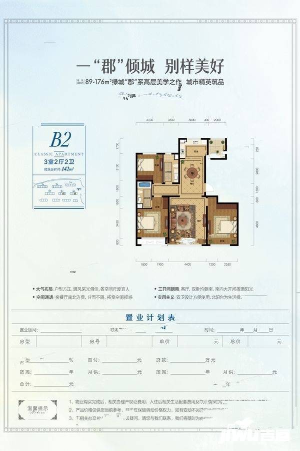 绿城御园3室2厅2卫142㎡户型图