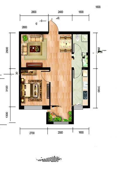 欣苑花园1室1厅1卫56㎡户型图