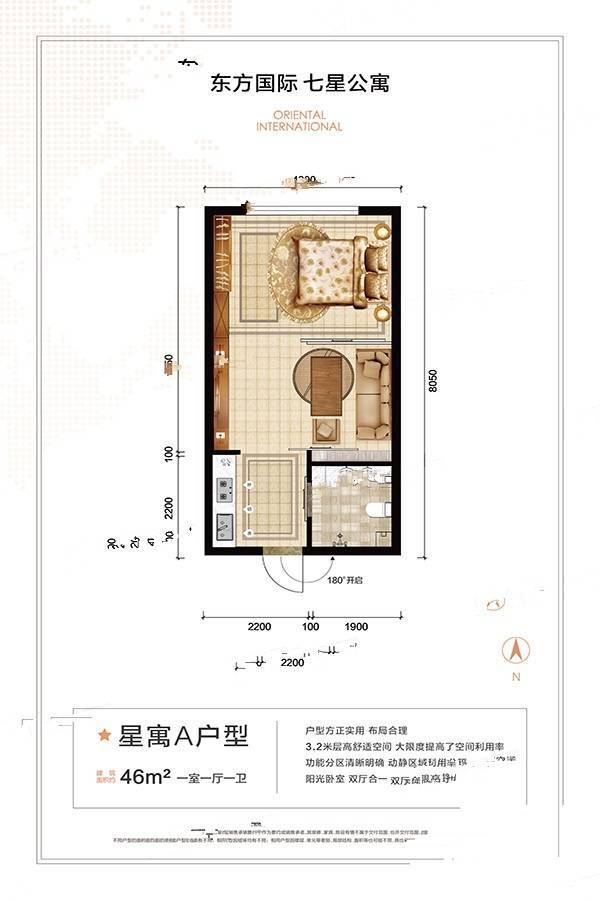 东方国际1室1厅1卫46㎡户型图