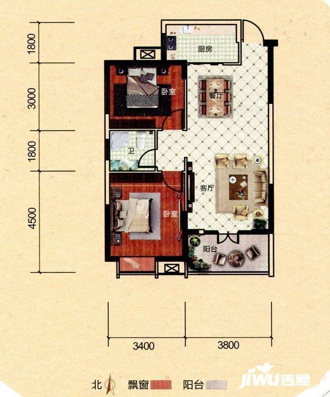 首信东方墨尔本2室2厅1卫87.5㎡户型图