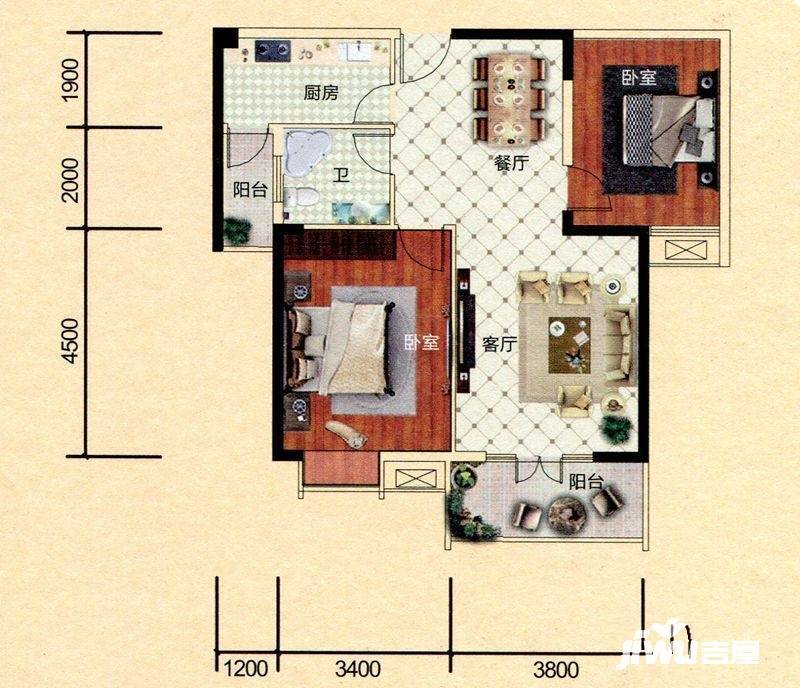 首信东方墨尔本2室2厅1卫91.3㎡户型图