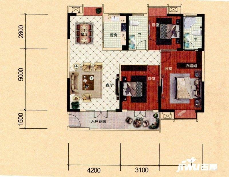 首信东方墨尔本3室2厅2卫114.1㎡户型图