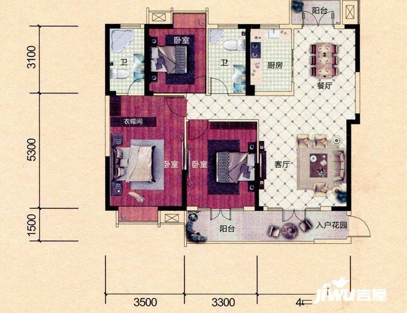 首信东方墨尔本3室2厅2卫128.1㎡户型图