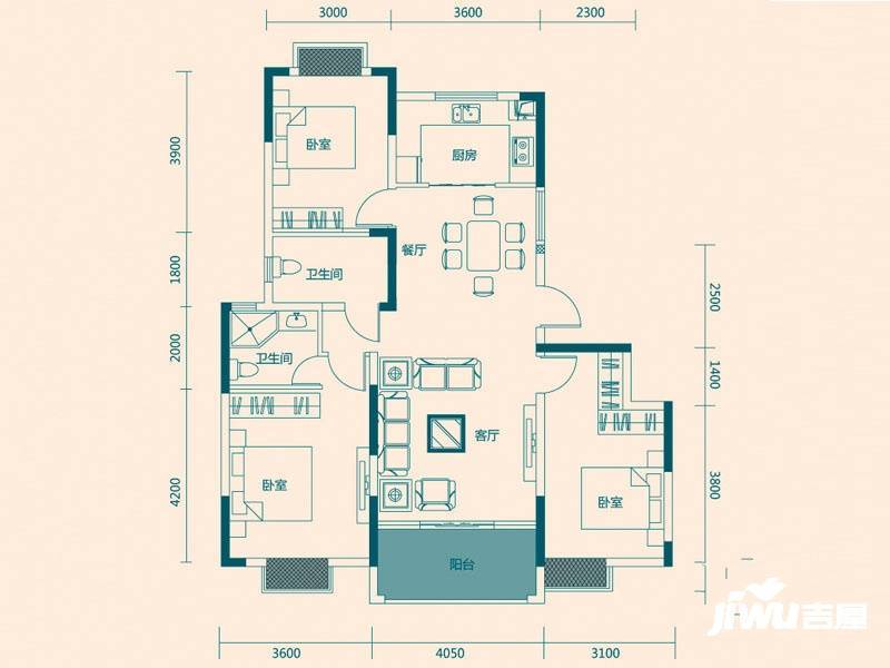 东津世纪城3室2厅2卫130.7㎡户型图