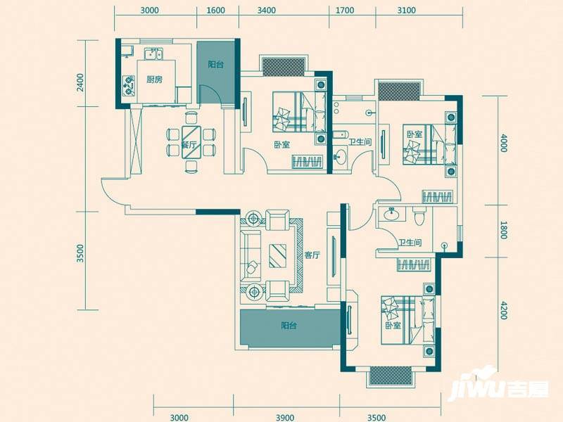 东津世纪城3室2厅2卫122.1㎡户型图