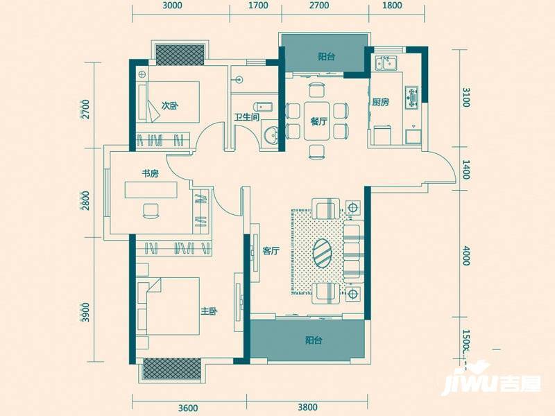 东津世纪城3室2厅1卫102㎡户型图