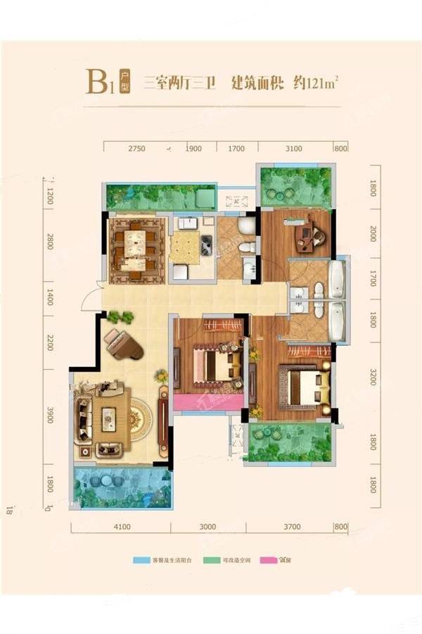 江南福地二期3室2厅2卫121㎡户型图