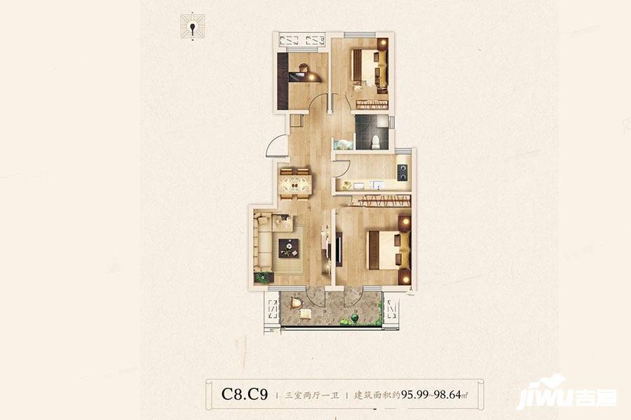 荣盛锦绣豪庭3室2厅1卫95㎡户型图