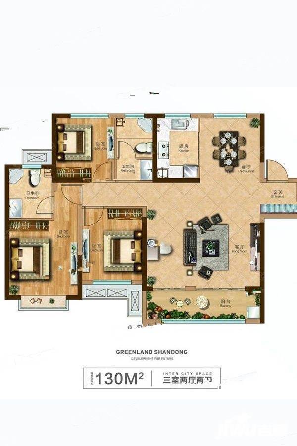 绿地德州城际空间站3室2厅2卫130㎡户型图