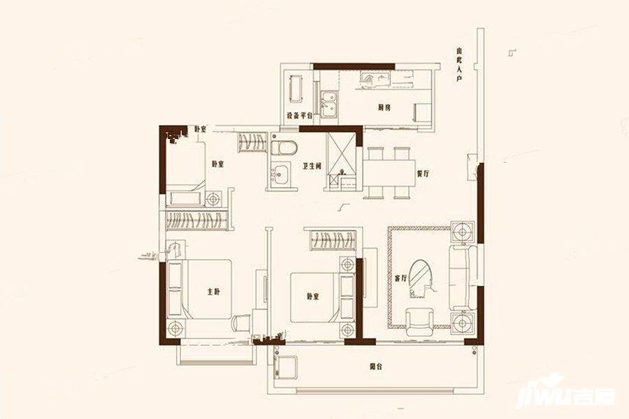 恒大华府3室2厅1卫106.2㎡户型图