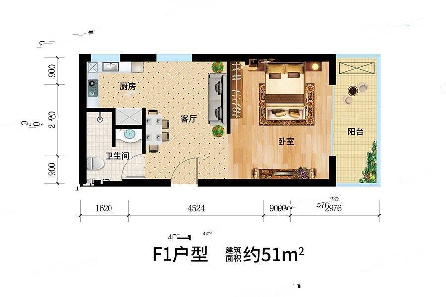 天目观山月1室1厅1卫51㎡户型图