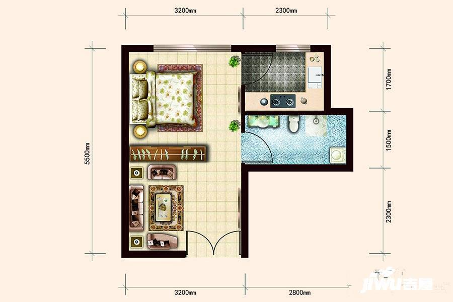 汇福悦榕湾1室1厅1卫36.2㎡户型图