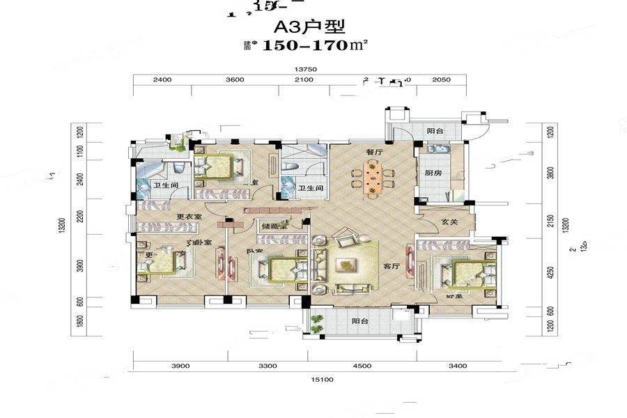 鹏湖湾十二墅4室2厅2卫150㎡户型图