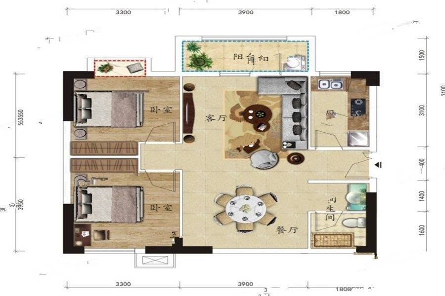 洪山公馆2室2厅1卫89.8㎡户型图