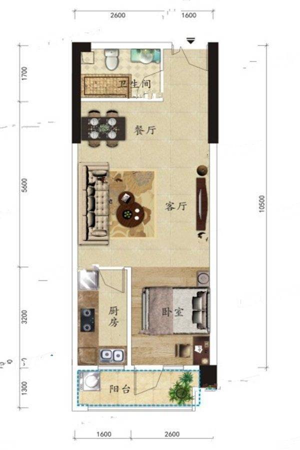 洪山公馆1室2厅1卫60.7㎡户型图