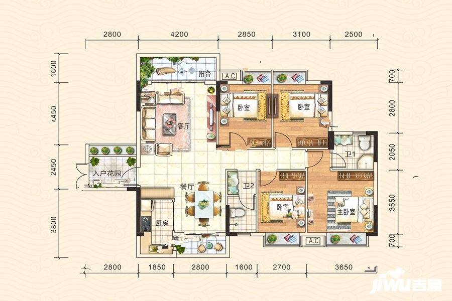 三友南城二期4室2厅2卫128.1㎡户型图