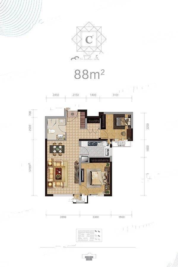 天地源叠墅2室2厅1卫88㎡户型图