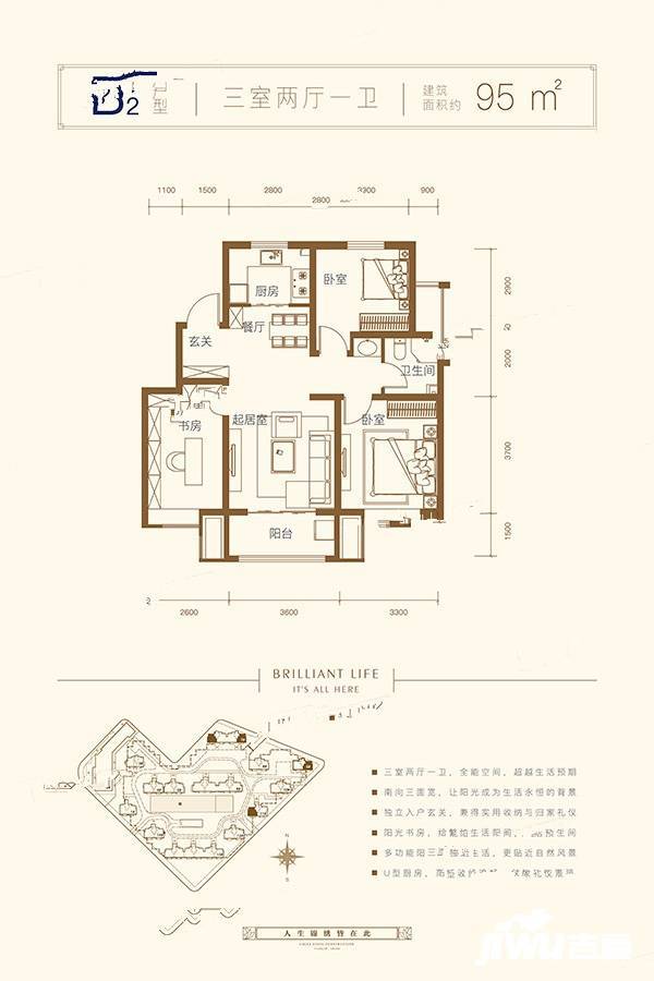 中建锦绣丽城当红PRO3室2厅1卫95㎡户型图