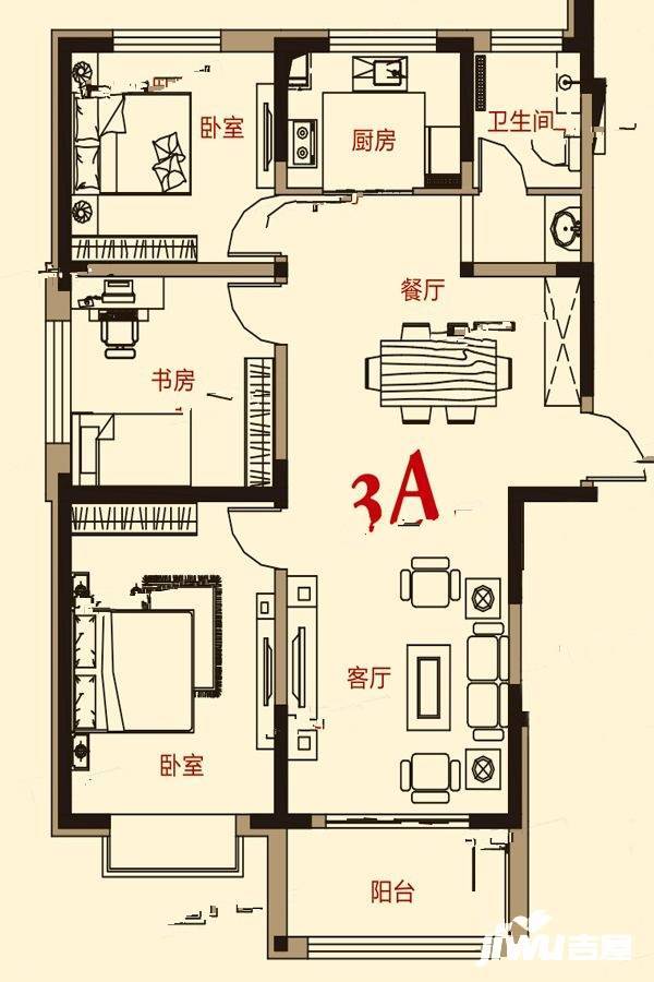 南池御都3室2厅1卫130.3㎡户型图