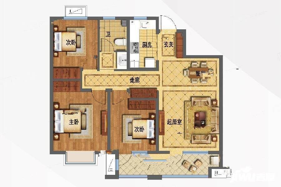 涌鸿观澜3室2厅1卫115㎡户型图